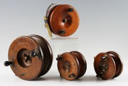 Selection of Nottingham wooden and brass reels (4) – 2x brass star backs an Allcocks 5” with rear