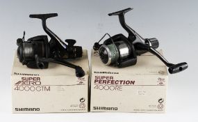 Pair of Shimano reels: 4000 Super Aero GTM with twin handles, 6.2.1 gear ratio and papers in MOB and