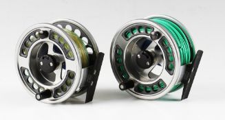 Pair of BFR Modula 95 Titanium fly reel: Smooth foot, push drum release latch c/w line back plate