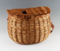 Pot Belly Basket Creel, 15” Golden light brown with leather and canvas straps good clean example