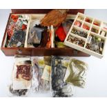 Large mahogany fly tying box and materials – include loads of various capes, feather and fur, fly