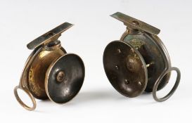 Pair of P.D Malloch Perth Patent brass side casting reels - 1st model 3 1/4” dia backplate, horn
