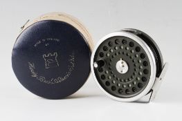 Hardy Marquis No.10 alloy fly reel: U shaped line guide, 2 screw drum latch, black handle, backplate