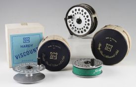 Hardy Viscount 150 alloy fly reel and 2x spare spools (3): 3.25” dia with reversible nickel line