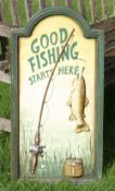 Decorative hand painted wooden 3D Fishing Sign, Featuring fish on the hook with a fishing creel with