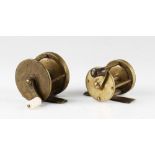 2x early brass wide drum crank wind reels: 1.75”x1 7/8” – horn handle, 2.75” long foot – constant