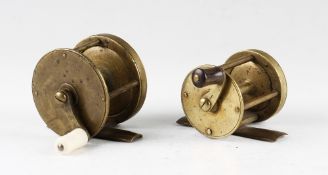 2x early brass wide drum crank wind reels: 1.75”x1 7/8” – horn handle, 2.75” long foot – constant