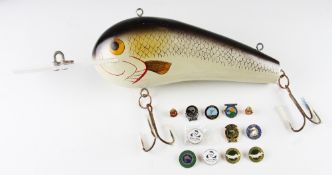 Lure Shop Display: Large example made from wood with real hooks 18 inches together with 12 enamel