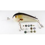 Lure Shop Display: Large example made from wood with real hooks 18 inches together with 12 enamel