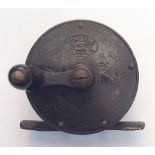 Scarce smallest catalogued Hardy Bros Alnwick brass crank wind reel: 2 1/4” dia, with Rod In Hand