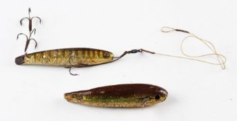 2x early Caledonia glass eyed gutta percha baits - both missing their tales, one missing an eye –