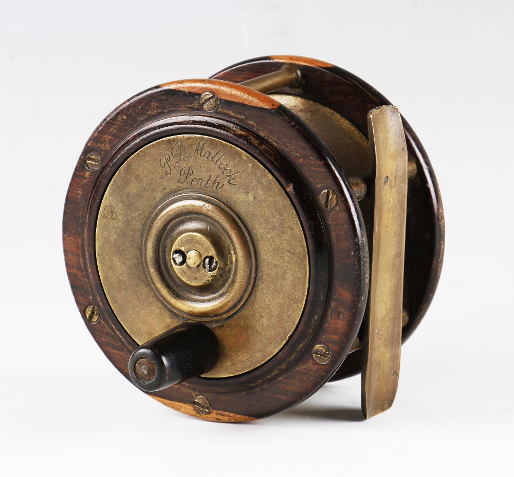 Early P.D Malloch Perth 4” Scottish pattern laburnum wood/brass salmon fly reel, tapered handle,