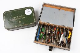 Black japanned lure tin and Hockley Minnow Box and assortment of lures - unnamed black japanned lure