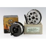 Scarce J.W Young & Sons Ltd The Windex black alloy casting reel - 4” dia c/w chrome foot and