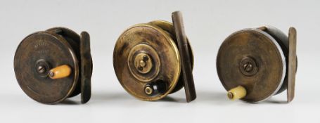 3x Scottish Brass plate wind fly reels: Jas Easson Dundee 2.5” dia - horn handle, constant check,