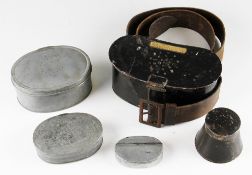 5 Various Bait Tins: W J Cummins with leather belt, Cone shaped tin with removable pot together with