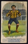 1905 Wolverhampton Wanderers colour postcard featuring goalkeeper T. Baddeley post marked with