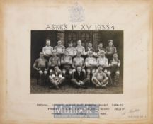 Rugby Photograph, Aske’s 1st XV 1933-4: Mounted to 10” x 8” printed board, with School’s badge and