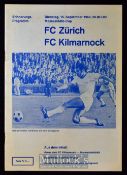 1969 FC Zürich v FC Kilmarnock Fairs Cup Football Programme 1st Round date 16 Sept light centre
