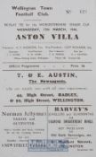 1945/46 Wellington Town v Aston Villa 13 March 1946 football programme for the Worcestershire senior