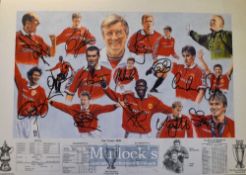 Signed Manchester United ~The Treble 1999~ Football Print depicts a montage style print, with