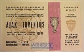 1973 European Cup Final Ajax v Juventus Football Ticket date 30 May at Belgrade, unused, in good