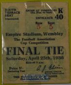 1936 FA Cup final Arsenal v Sheffield Utd football match ticket. Good.