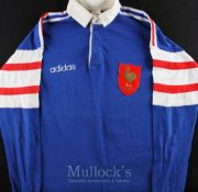 1980s or 1990s French Rugby Jersey: Large Adidas fully logoed and badged matchworn jersey,