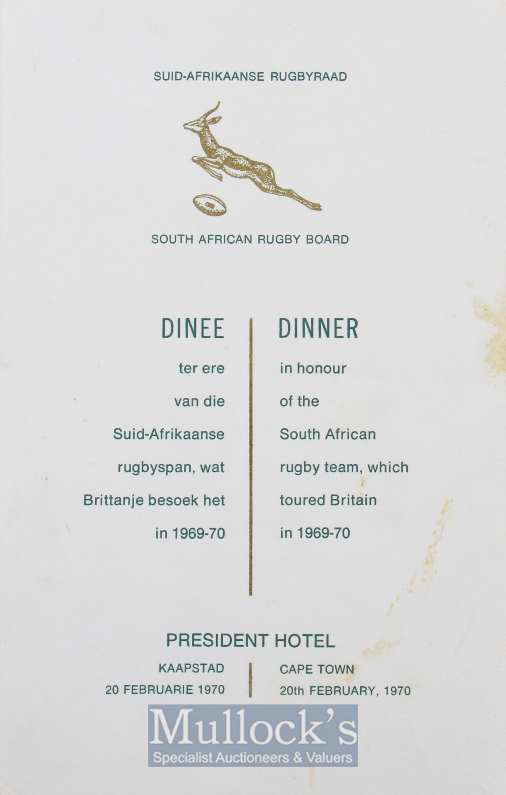 Rare 1970 Signed South African Springboks Rugby Dinner Menu: 4 pp foldover illustrated SARB card