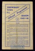 1945/46 Shrewsbury Town v Lincoln City Midland League football programme 22 September 1945, 4 pager.