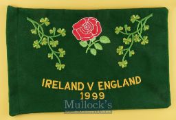 1999 Ireland v England touch flag, mounted framed & glazed: Attractive green felt flag, Shamrocks