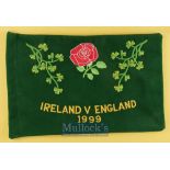 1999 Ireland v England touch flag, mounted framed & glazed: Attractive green felt flag, Shamrocks