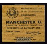 1957/58 Workington v Manchester Utd FA Cup 3rd round match ticket. Good.