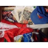 Assorted Football Memorabilia to include Magazines, Autographs, Flags, programmes, books and more,