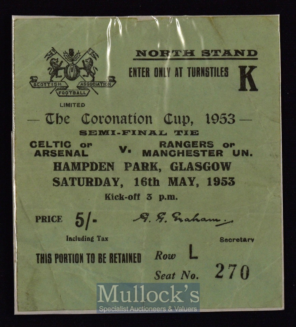 1953 Coronation Cup semi-final Celtic v Manchester Utd football match ticket 16 May 1953 at