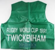 Rugby World Cup 1991 Photographer’s Plastic Bib: Substantial heavy plastic green bib with white