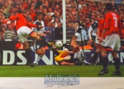 Eric Cantona Signed Football Print limited edition 302/500 depicts an action shot with signature