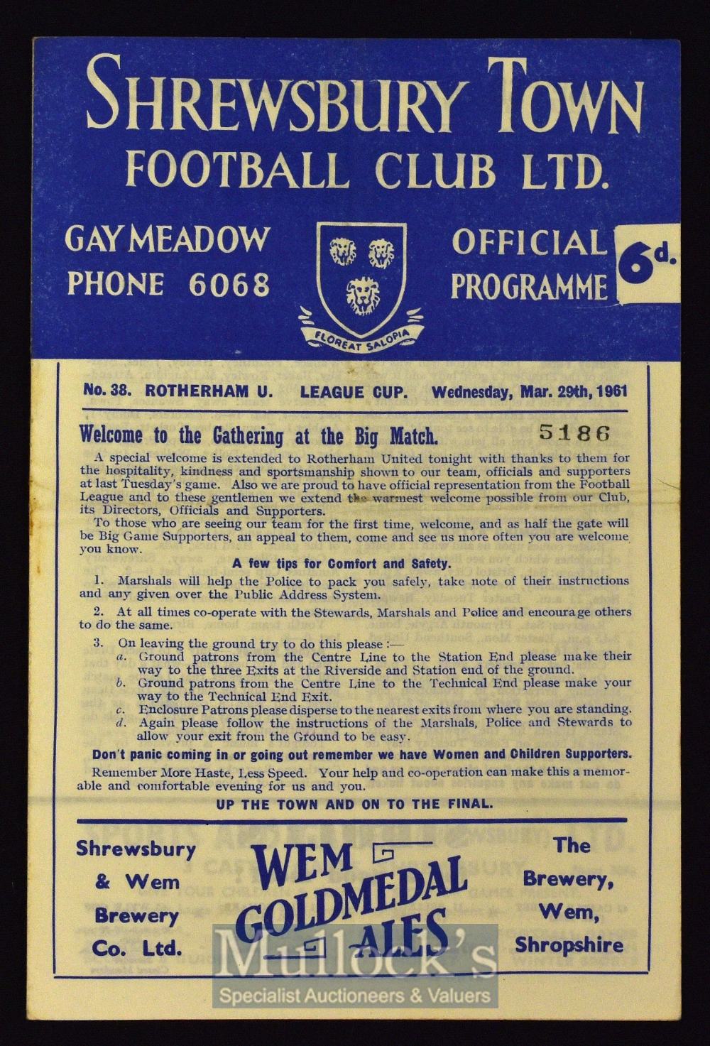 1960/61 Shrewsbury Town v Rotherham Utd Football League Cup semi-final match programme. Fair-good.