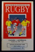 1993 Canada v Australia Rugby Programme: Unusual clash, this was at Calgary and is in very good