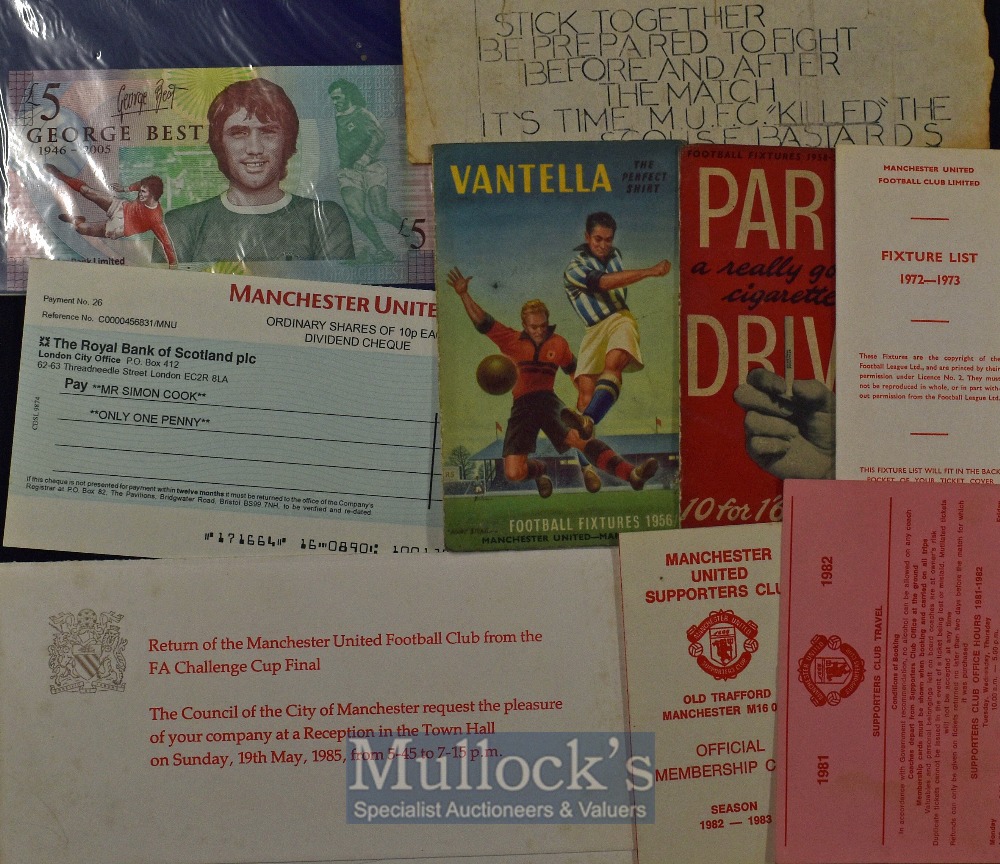 Selection of Manchester Utd football ephemera to include fixture lists 1956/57, 1958/59, 1972/73,