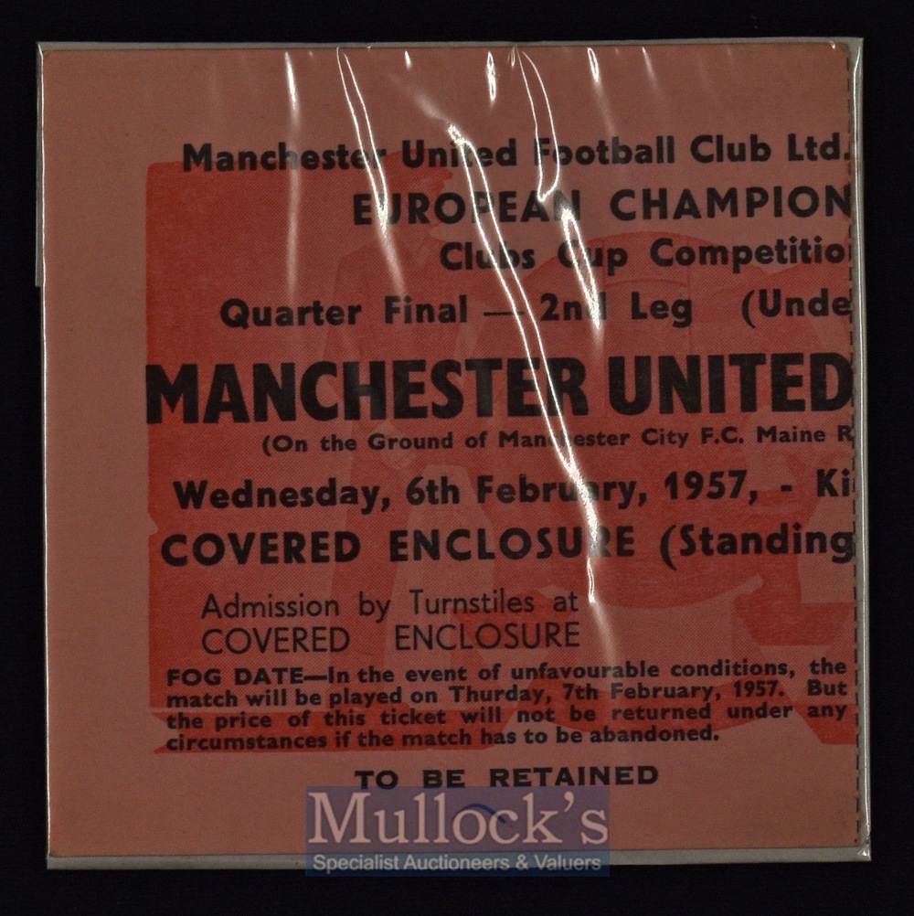 1956/57 Manchester Utd v Atletico Bilbao European Cup football match ticket 6 February 1957 at