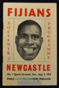 Very rare 1952 Newcastle (NSW) v Fiji Rugby Programme: With startlingly bold Fijian full face cover,