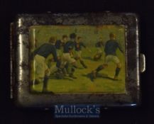 Early 20th Century Rugby Scene Metal Vesta Case: c.5cm x 3cm white metal (tarnished) with bright