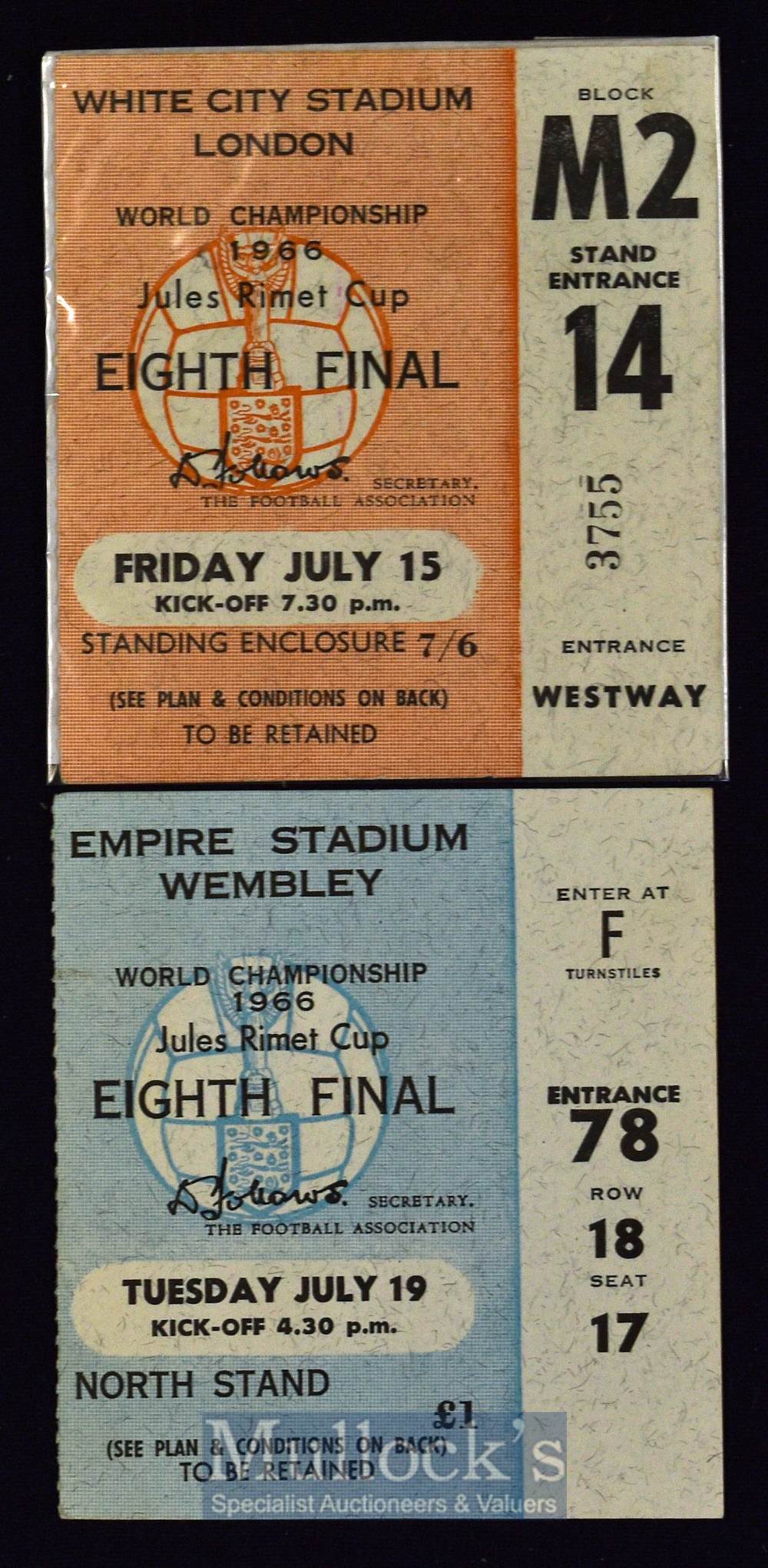 1966 World Cup match tickets at White City 15 July 1966 France v Uruguay at Wembley 19 July 1966
