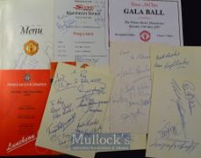 Collection of Manchester United related menus many having signatures of famous football celebrities,