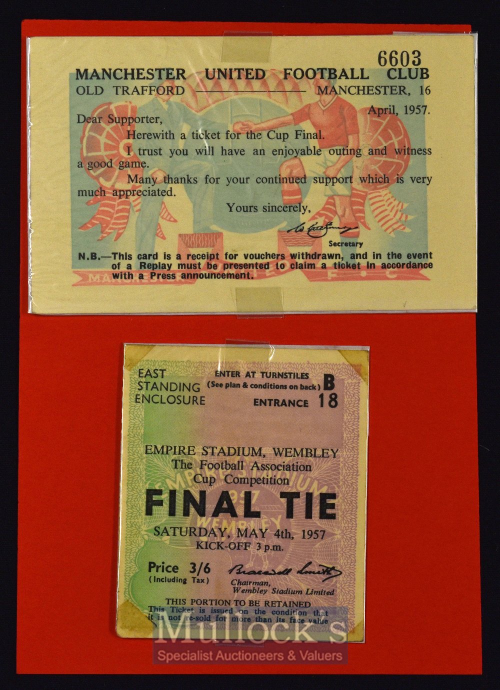 1956/57 FA Cup final match ticket dated 4 May 1957 also official postcard from Manchester Utd in