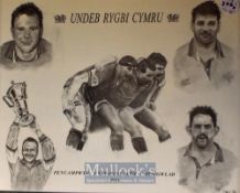 Three large framed action drawings of Welsh rugby players from the 1970s (1) and from 1994-5 (2):