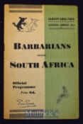 1952 Barbarians v South Africa Rugby Programme: 12pp Cardiff issue for the second occasion on