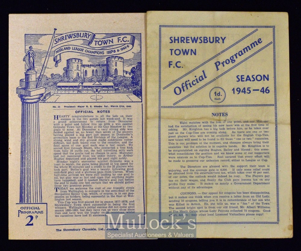 1945/46 Shrewsbury Town v Walsall friendly match programme, 1947/48 Shrewsbury Town v Wellington