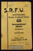 1949 Southland (NZ) v Australia Rugby programme: A little worn and grubby in parts but a quite